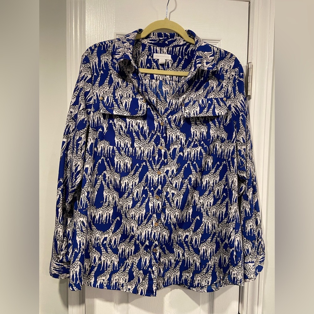 Charter Club Blue and White Button-Down Shirt with Giraffe Print